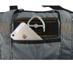 gray duffel bag with front pocket