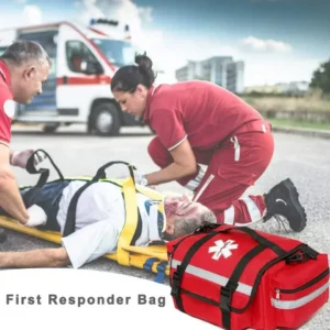 paramedics using red first responder bag