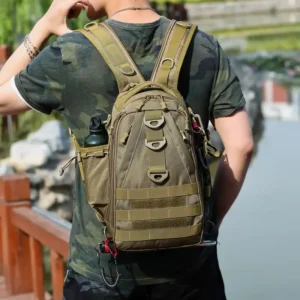 person wearing molle sling backpack