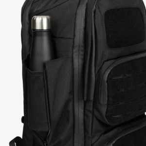 black tactical backpack with water bottle in mesh side pocket