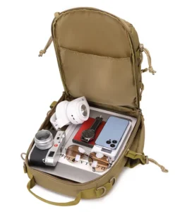 Open tan tactical backpack