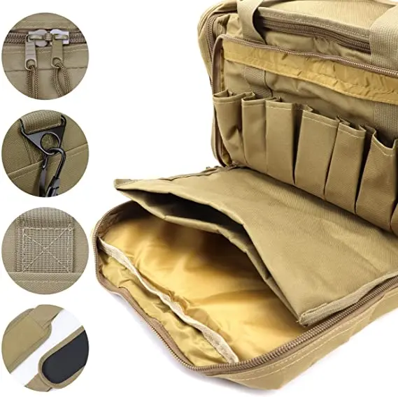 Sac tactique tan avec compartiments et pochettes, doté de fermetures à glissière robustes, d'un mousqueton, de coutures renforcées et de poignées rembourrées.
