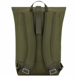 olive green roll top backpack with padded straps