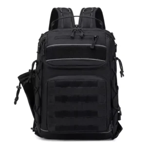 black tactical backpack with water bottle holder