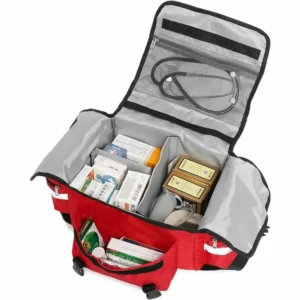 open red medical bag showing compartments and supplies