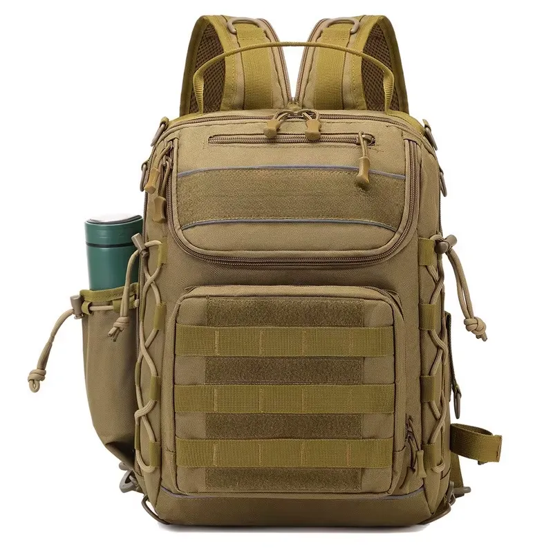 tan convertible tactical backpack with water bottle holder