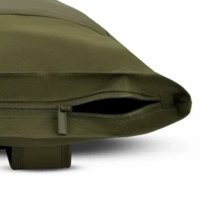 olive green roll top backpack showing zipper
