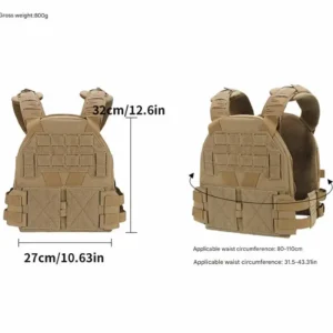 tan plate carrier vest with dimension labels