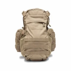 tan tactical MOLLE backpack with helmet holder