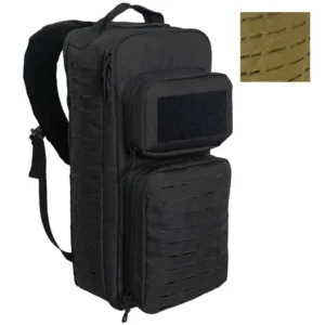 Black tactical sling backpack (MOLLE panels and loop field for patches visible)