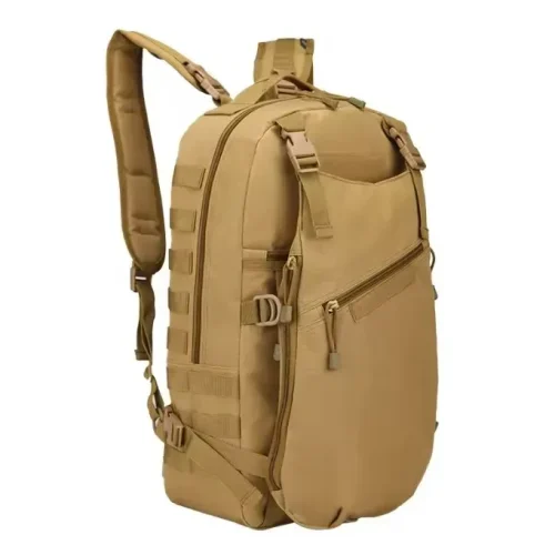 tan tactical outdoor backpack with diagonal zipper