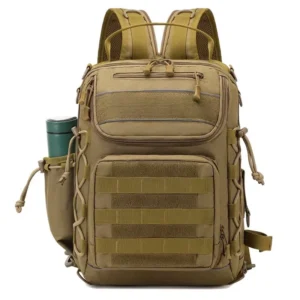tan convertible tactical backpack with water bottle holder