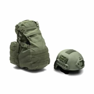 Green tactical MOLLE backpack with helmet holder