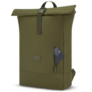olive green roll top backpack with side pocket
