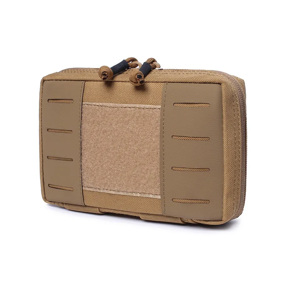 Tan tactical admin pouch with a dual-zipper closure, featuring a Velcro panel for patches and laser-cut MOLLE slots for attachment.