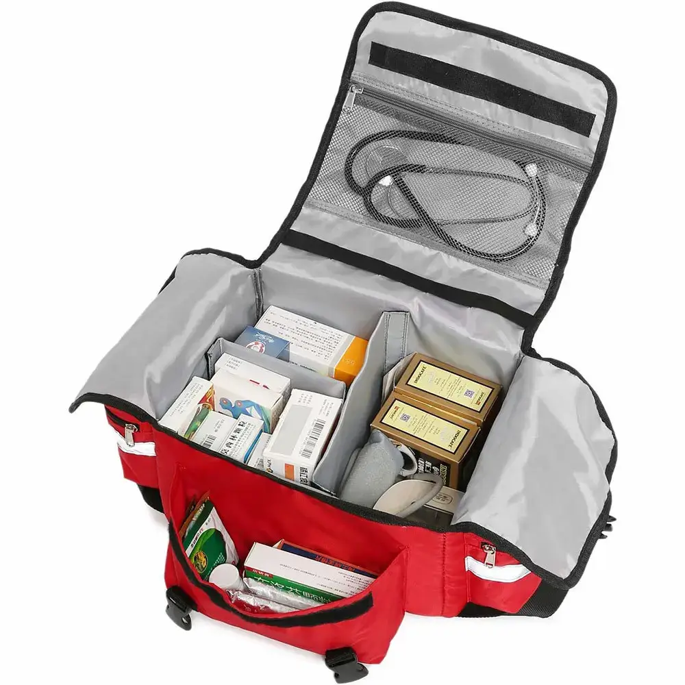 open red medical bag showing compartments and supplies