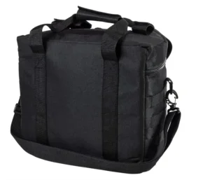 Black MOLLE helmet carrier with shoulder strap and webbing