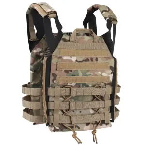 Tarnfarbener militärischer Plattenträger mit MOLLE-Gurtband und verstellbaren Riemen für den taktischen Einsatz in Kampfgebieten.