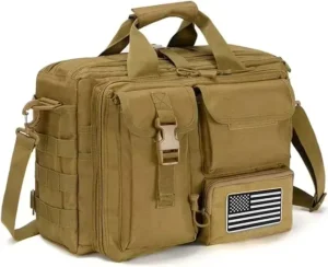 tan tactical briefcase with US flag patch