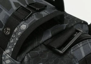 Black patterned camo pack detail