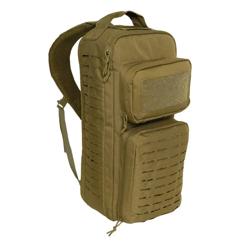 Tan tactical sling backpack (MOLLE panels and front compartments displayed)