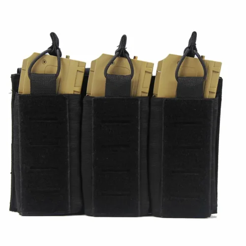 Black laser-cut triple magazine pouch loaded with three tan 5.56mm magazines