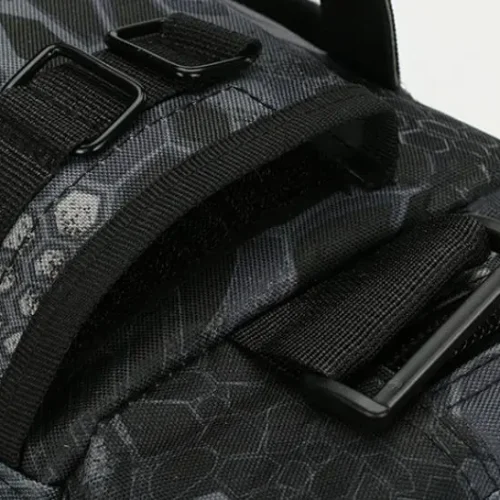 Black patterned camo pack detail
