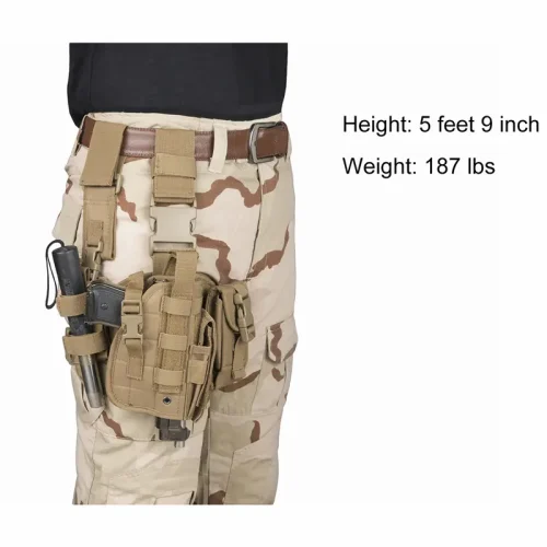 Person wearing tan drop leg holster