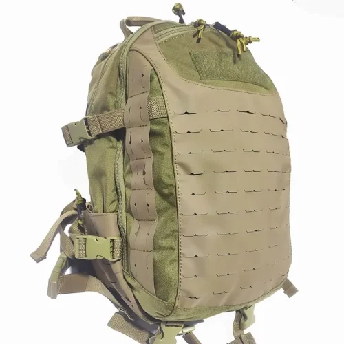 Tactical laser-cut MOLLE backpack in olive drab with compression straps