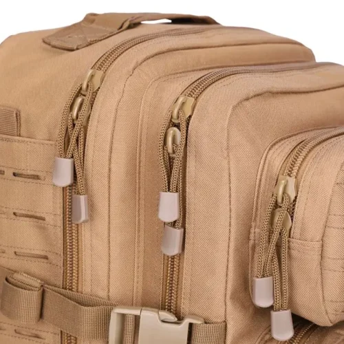 heavy-duty zippers and compression straps on tactical pack
