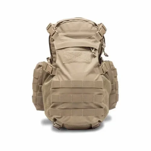 tan tactical MOLLE backpack with helmet holder