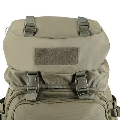 top lid of a large tactical hiking backpack, with velcro area and quick realease buckles
