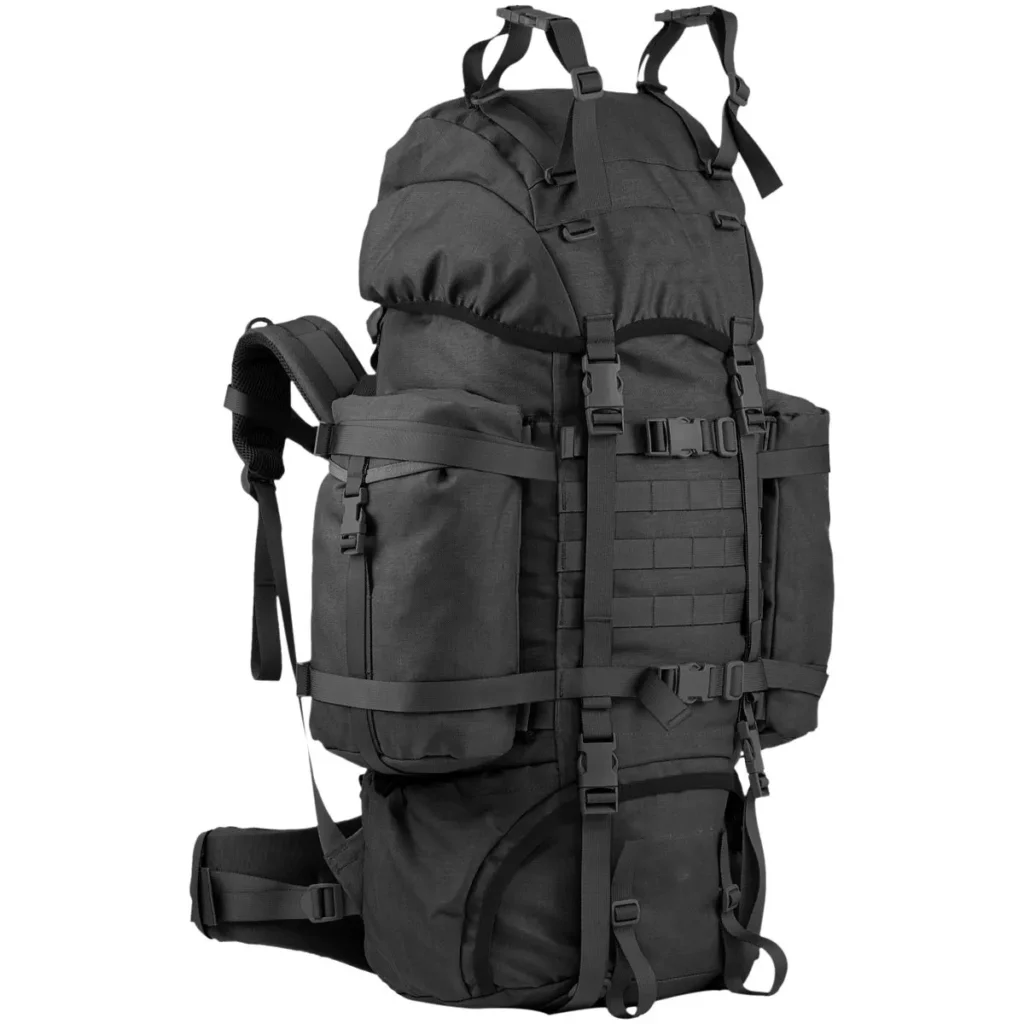 A black water resistant tactical backpack with multiple compartments, MOLLE webbing, and adjustable straps