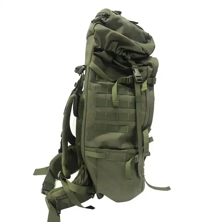 A green tactical backpack with MOLLE webbing, side pouches, and adjustable straps