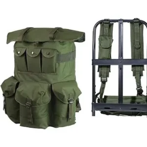 Olive drab ALICE pack with external frame, showing multipl