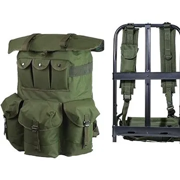 Olive drab ALICE pack with external frame, showing multipl