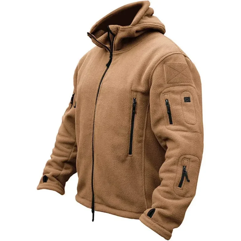 Brown tactical fleece jacket with multiple zippered pockets