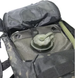 Close-up of a hydration bladder inside a tactical backpack sleeve, showing the cap and hose connection.