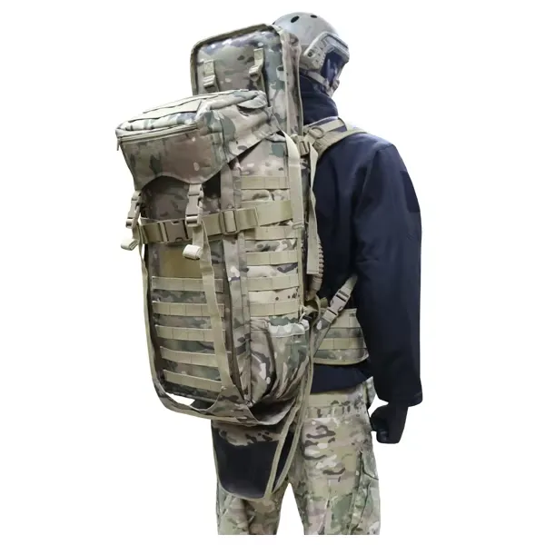 Tactical backpack with integrated scabbard and camouflage pattern