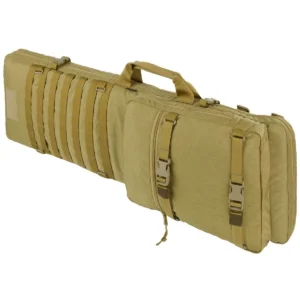 Tan tactical rifle bag with MOLLE webbing and shoulder straps