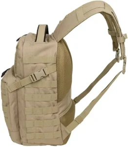 a tan tactical backpack with MOLLE webbing, compression straps, and padded shoulder straps with a mesh back panel