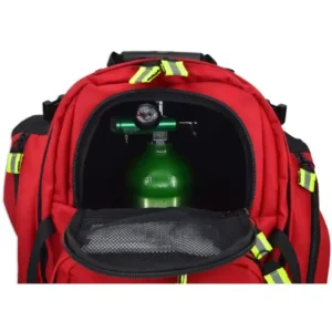 EMS backpack with open oxygen tank pocket holding green cylinder and regulator
