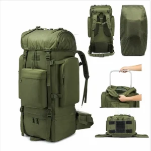 Green 80L tactical military backpack for hiking camping