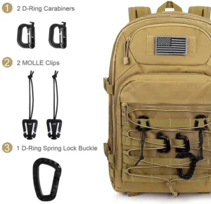 Тактический рюкзак Tan с наклеенными аксессуарами (карабины D-кольца, клипсы MOLLE, пряжка с пружинным замком).