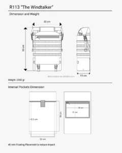 Dibujo técnico de la mochila "R113 The Windtalker" (información sobre dimensiones y peso).