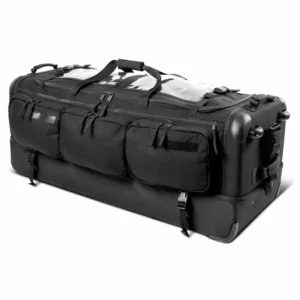 zwarte rollende tactische duffel met wielen