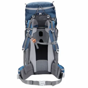 zaino da trekking blu con struttura regolabile e pannello posteriore imbottito