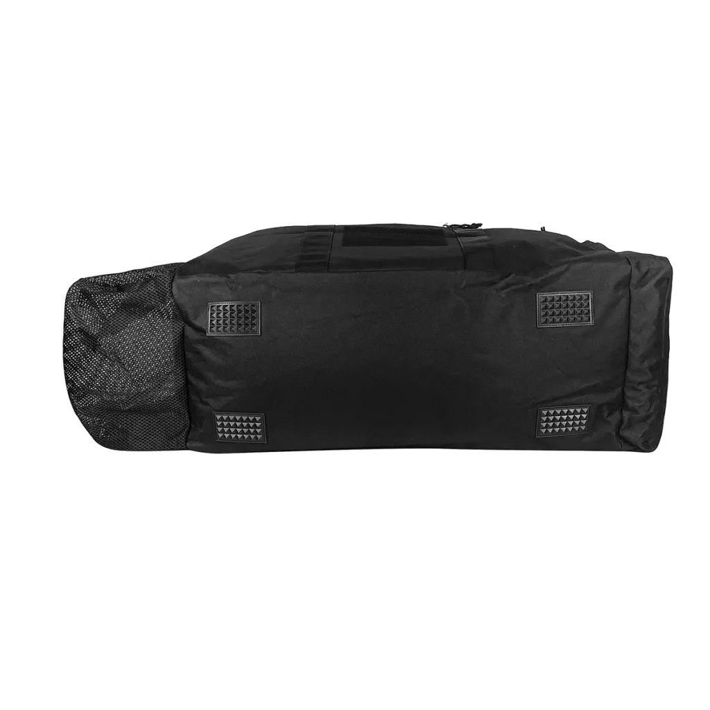 bottom panel of a black duffel bag