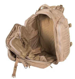 large tan military backpack (mesh lining and internal storage pockets)