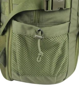 olive green military backpack with side mesh pocket